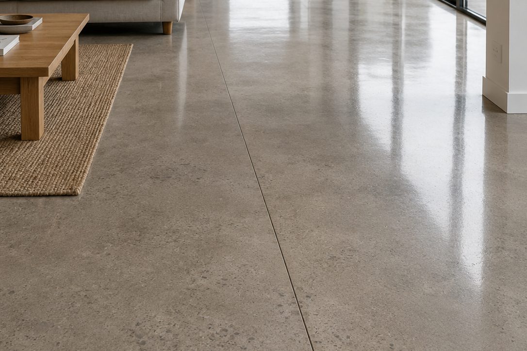 Polished concrete floor in an open-plan living space