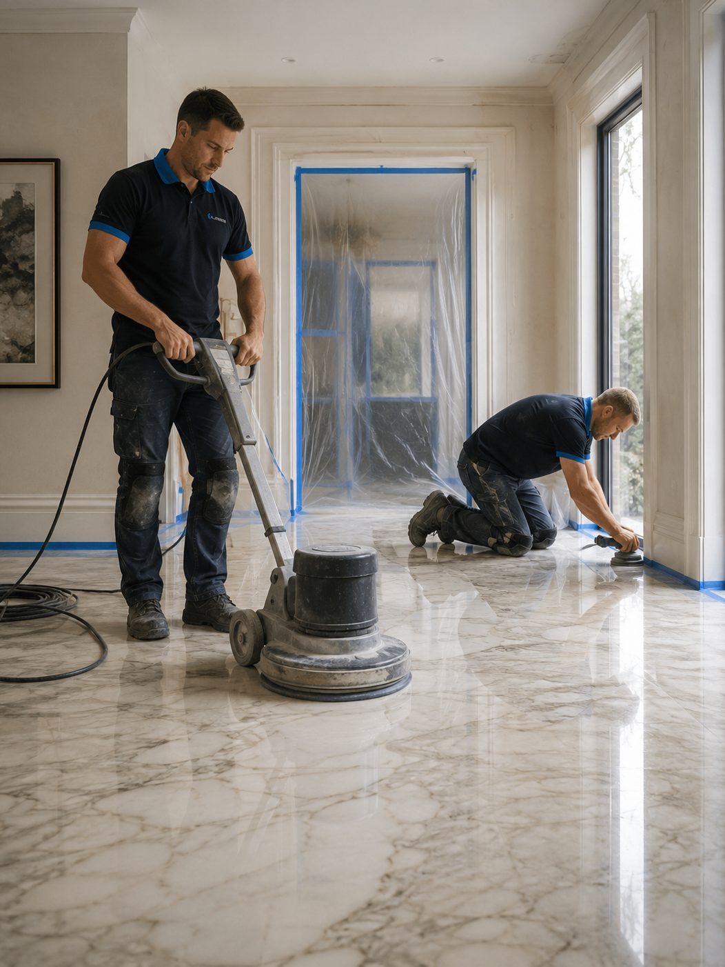 Lillard technicians restoring a marble floor inside a home