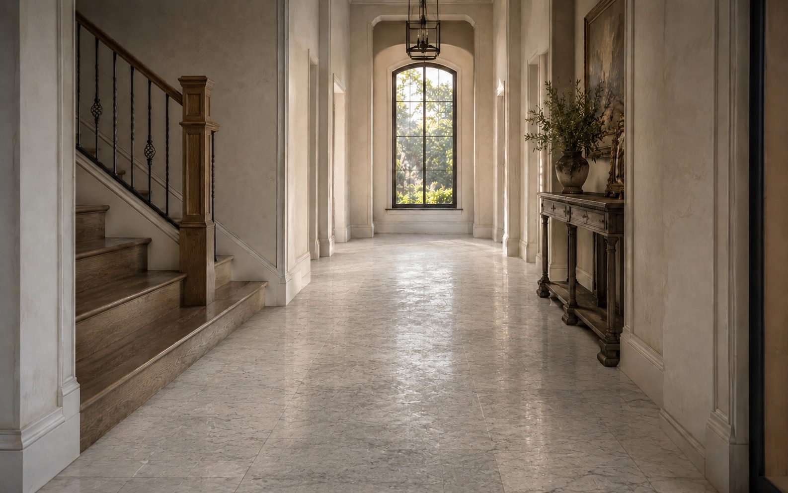 Dull, etched marble floor before restoration