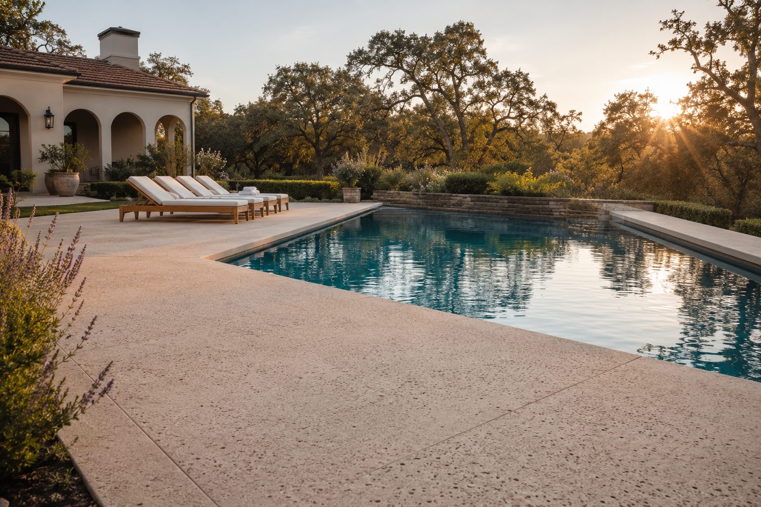 Pool cool-deck surface at dusk