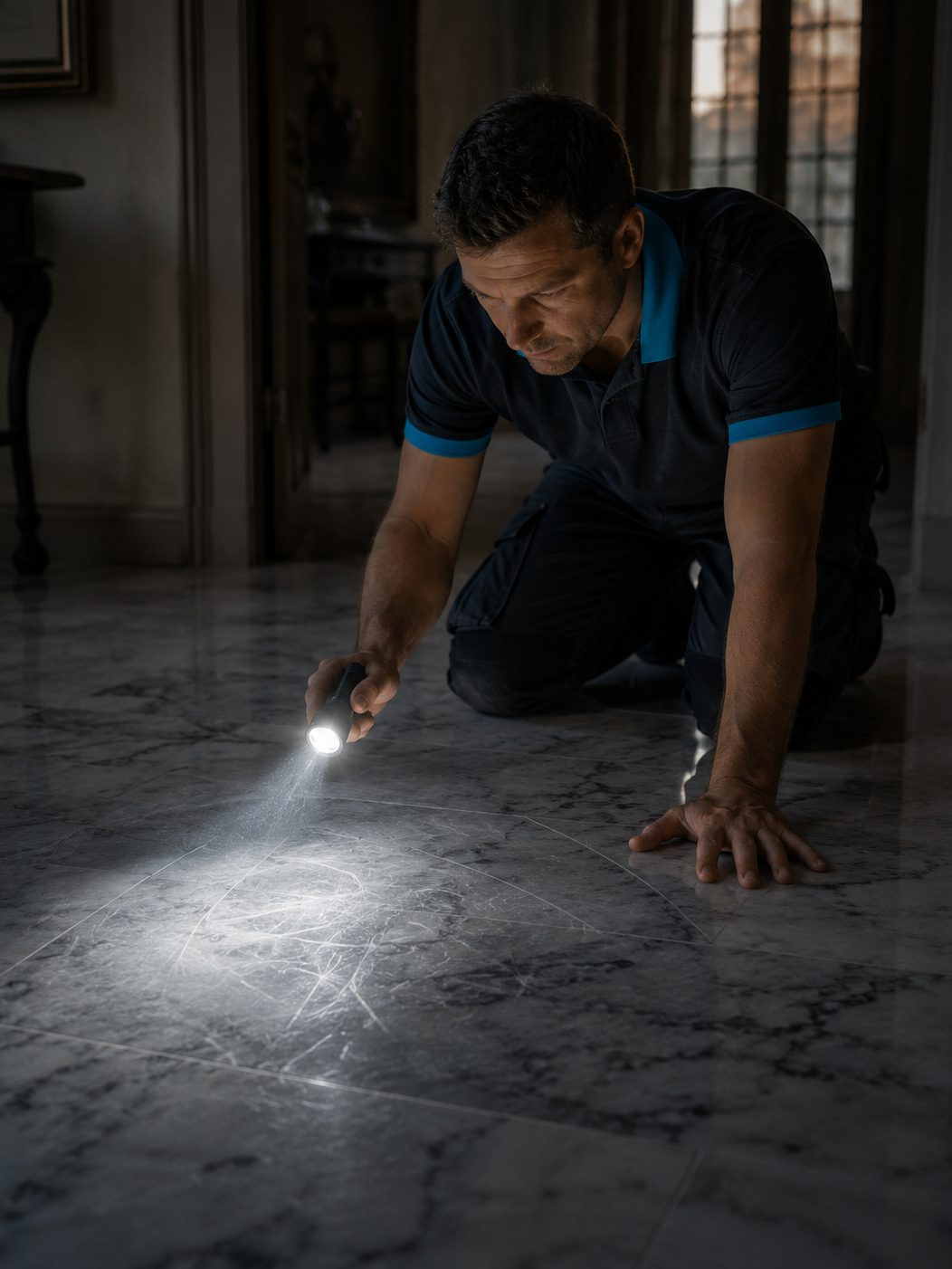 Technician inspecting a dull marble floor with a raking inspection light
